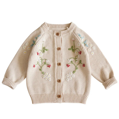 Baby & Toddler Girls Cotton Knit Cardigan (2–6 Years) – Button-Front Sweater with Duck Embroidery