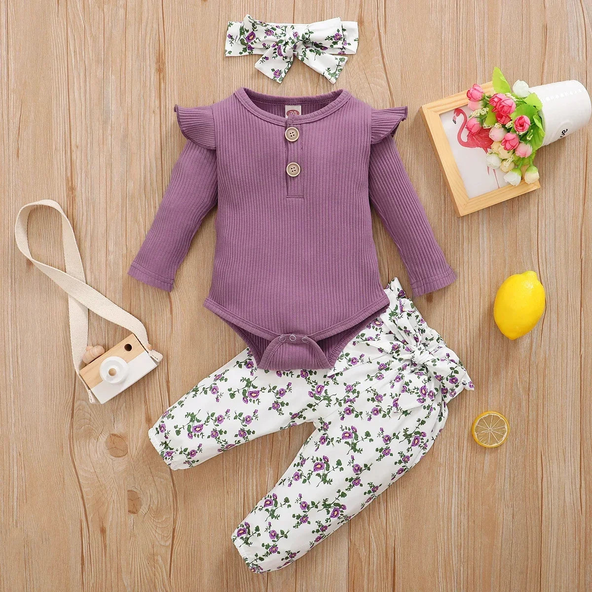 Ruffle-Sleeve Bodysuit, Printed Pants & Bow Headband Set for Baby Girls