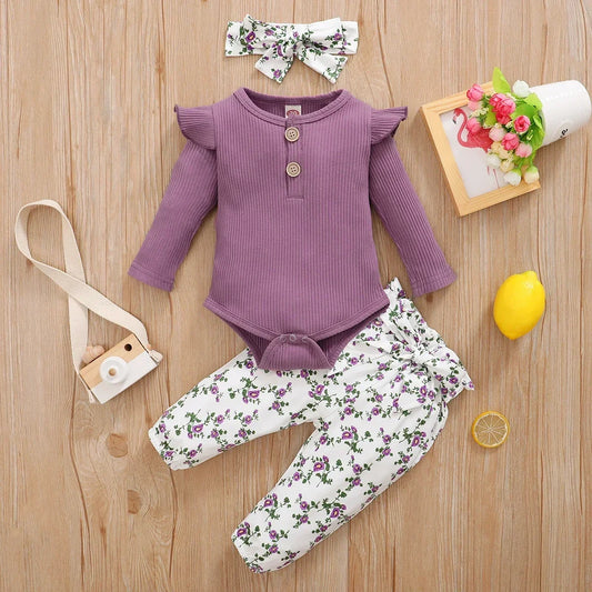 Ruffle-Sleeve Bodysuit, Printed Pants & Bow Headband Set for Baby Girls