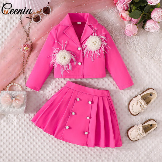 3D Rose Girls’ Blazer & Pleated Skirt Set
