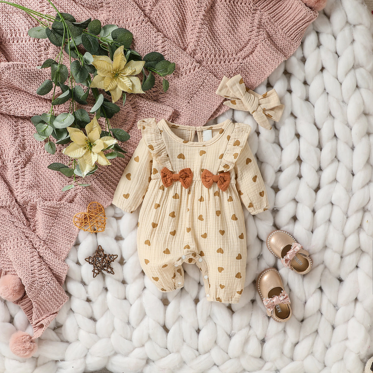 Bow-Detail Textured Cotton Romper & Headband Set for Baby Girls