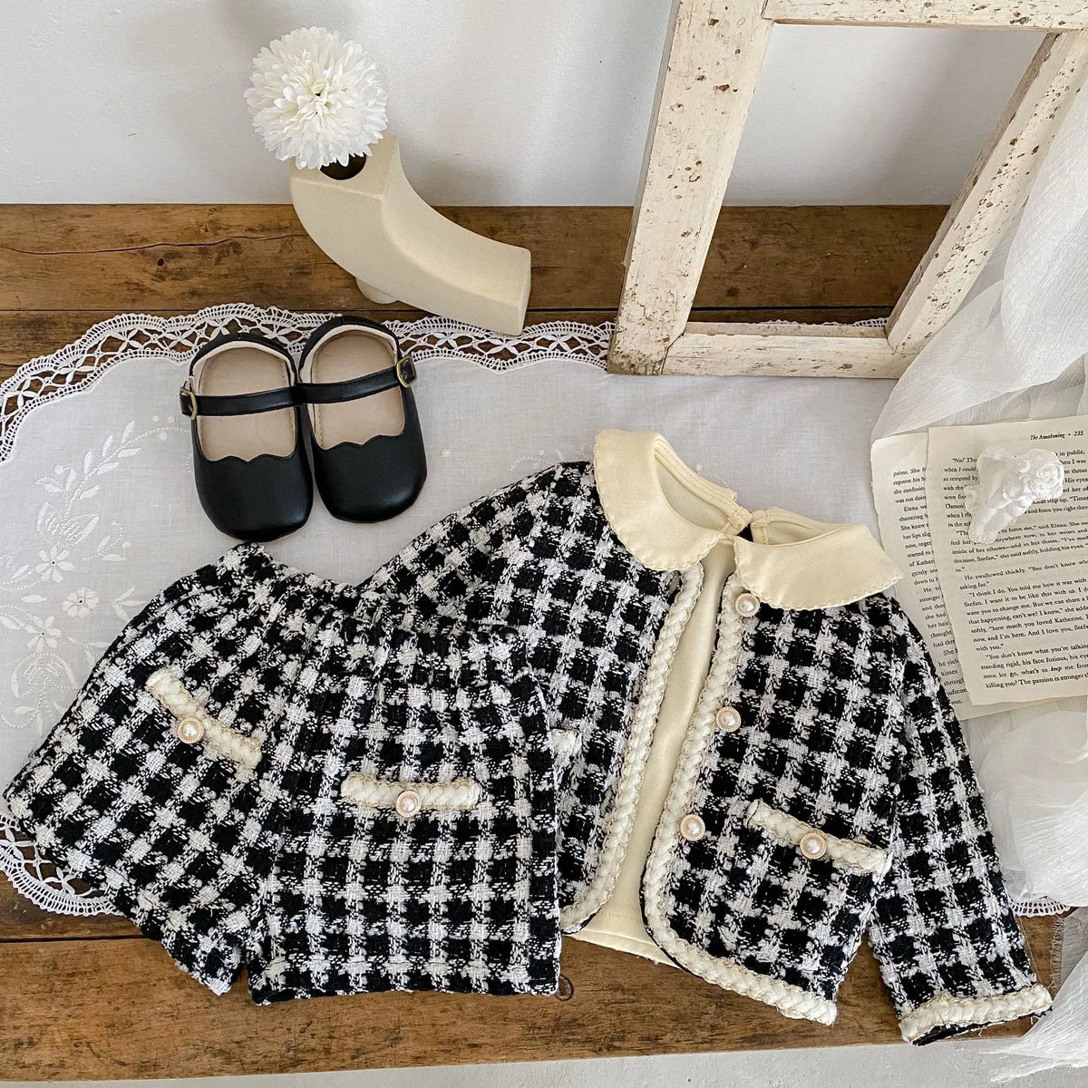 Black & White Tweed Jacket and Shorts Set for Girls