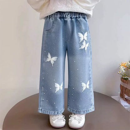 Butterfly & Bow Wide-Leg Denim Pants for Girls