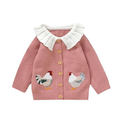 Baby & Toddler Girls Knit Cardigan Sweater (6 Months–3 Years) – Ruffled Collar, Rooster Embroidery
