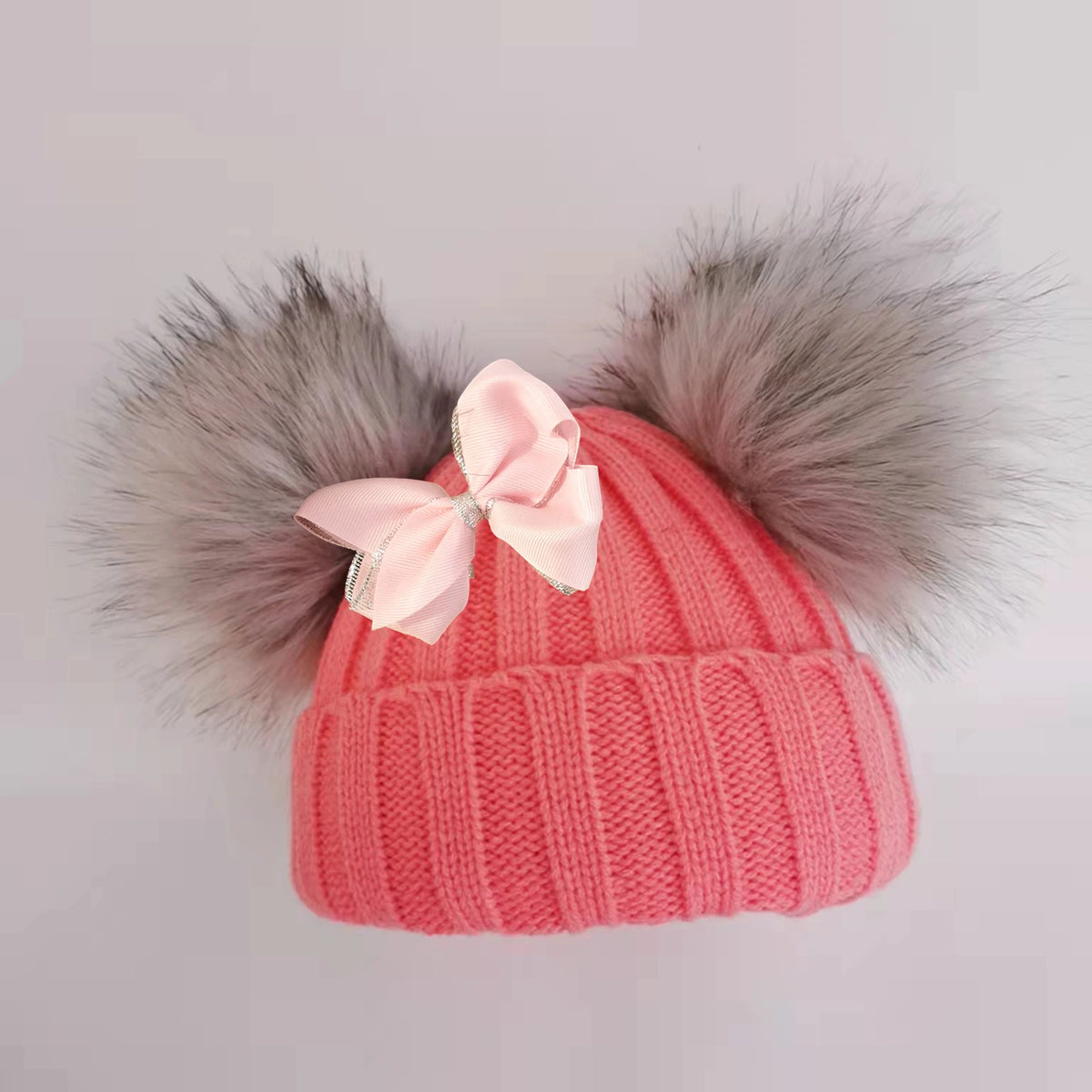 Double Pom Knit Beanie & Scarf Set with Bow