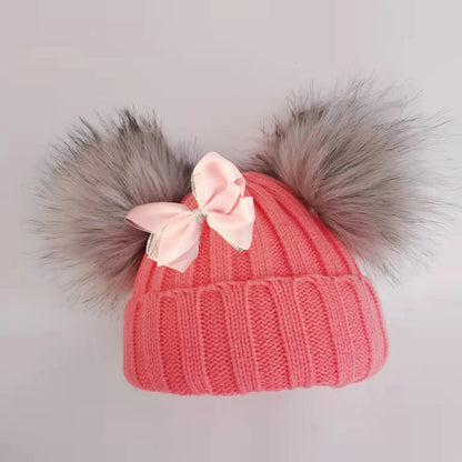 Double Pom Knit Beanie & Scarf Set with Bow