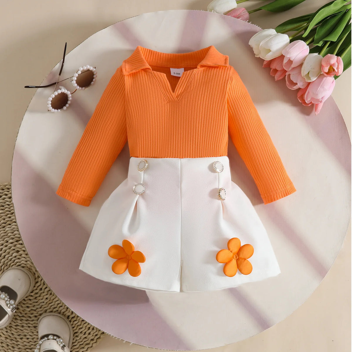 Floral Appliqué Ribbed Top & Pleated Shorts Set for Girls