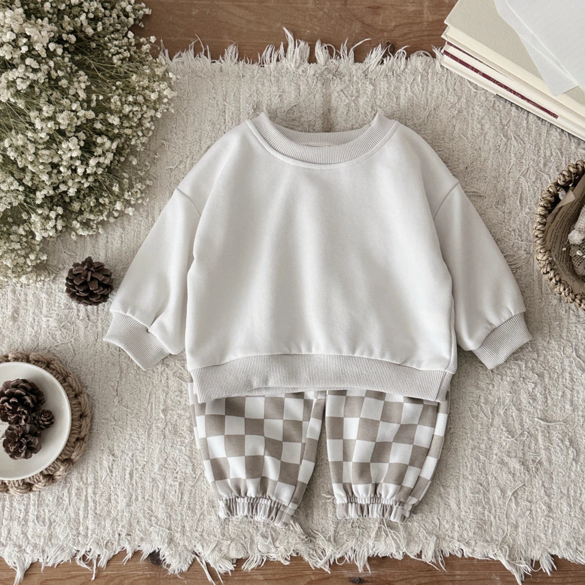 Cozy Two-Piece Baby Outfit – Soft Pullover Top & Checkered Pants Set (6 Months–3 Years)