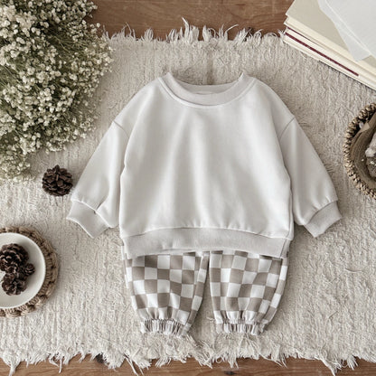 Cozy Two-Piece Baby Outfit – Soft Pullover Top & Checkered Pants Set (6 Months–3 Years)