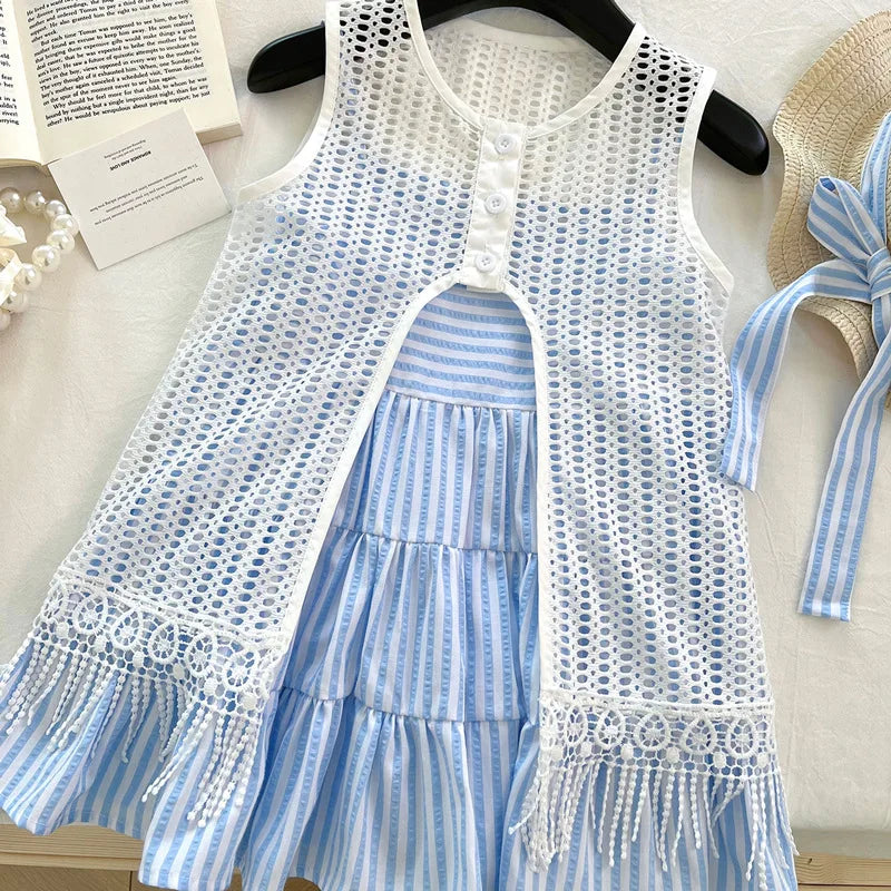 Blue Striped Tiered Dress & Crochet Vest Set for Girls