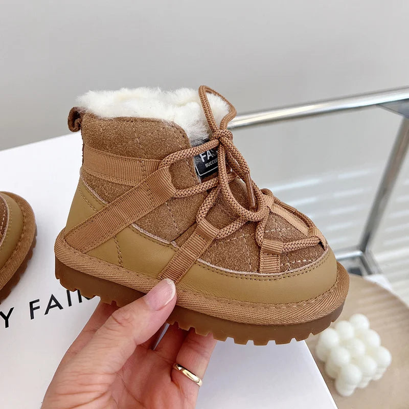 Fluffy-Collar Lace-Up Winter Ankle Boots for Kids