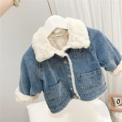 Girls Fleece-Lined Denim Jacket with Faux Fur Collar – Warm Winter Coat (1–6 Years)