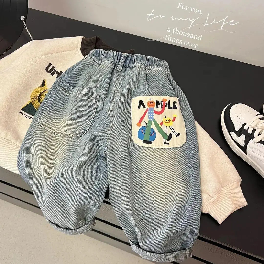 Washed Patch-Pocket Loose Jeans for Boys