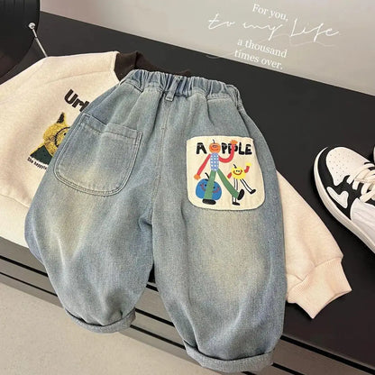 Washed Patch-Pocket Loose Jeans for Boys