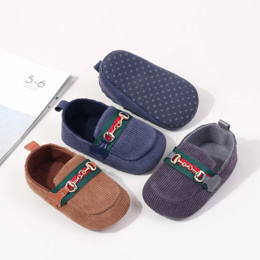 Corduroy Baby Loafers with Vintage Stripe & Gold-Tone Detail
