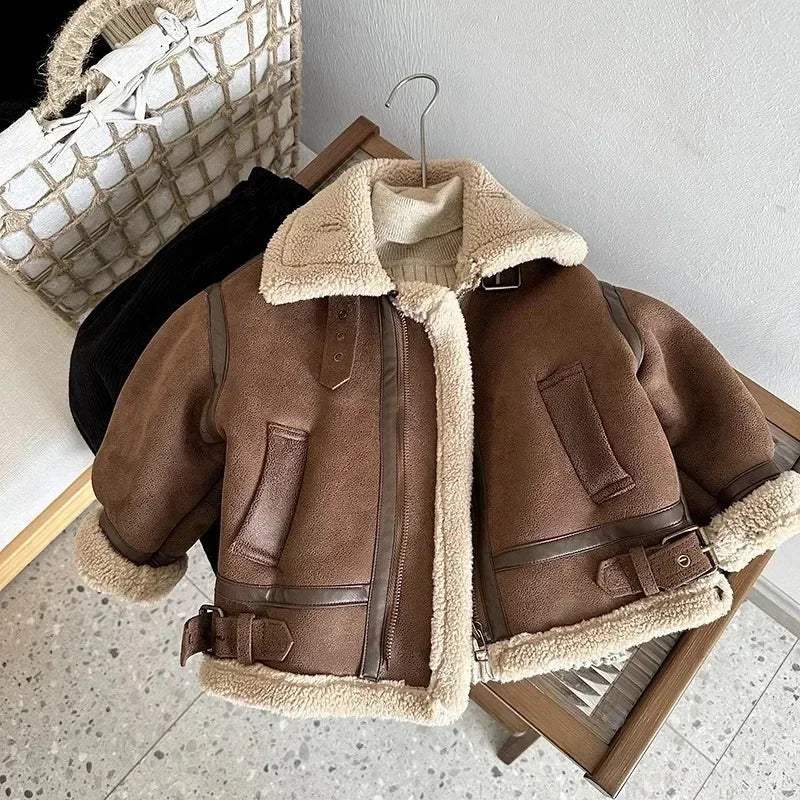 Coffee Brown Faux Shearling Aviator Jacket for Boys