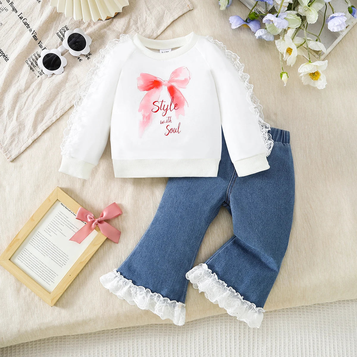 Watercolor Bow Sweatshirt & Lace Flare Jeans Set for Baby Girls