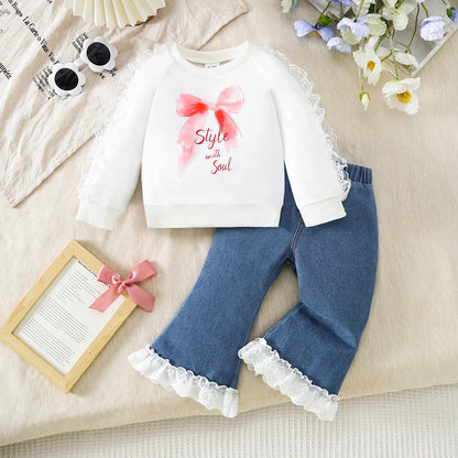 Watercolor Bow Sweatshirt & Lace Flare Jeans Set for Baby Girls