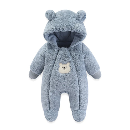 Cozy Critter Winter Romper – Hooded Plush Jumpsuit (0–12 Months)