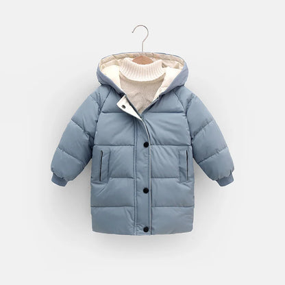 Hooded Winter Puffer Coat for Kids – Warm, Wind-Resistant Long Jacket