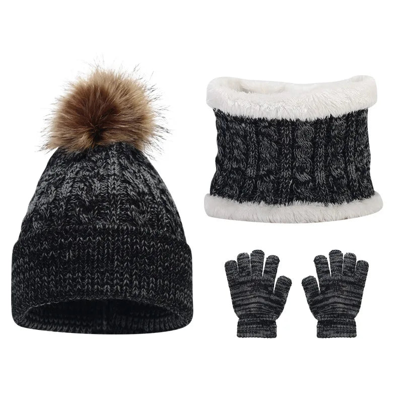 Soft-Knit Pom Pom Winter Trio: Cozy Beanie, Plush Infinity Scarf & Gloves Set