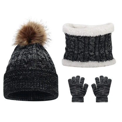 Soft-Knit Pom Pom Winter Trio: Cozy Beanie, Plush Infinity Scarf & Gloves Set