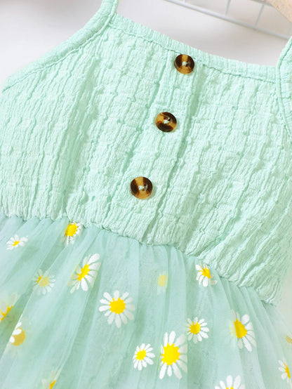 Mint Daisy Tulle Skirt Romper Dress for Baby Girls