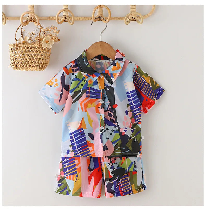 Tropical Boardwalk Print Shirt & Shorts Vacation Set for Boys
