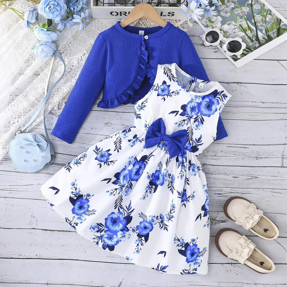 Floral Bow Dress & Ruffle-Trim Cardigan Set for Girls