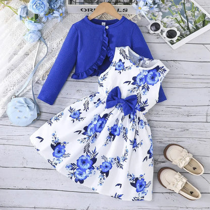 Floral Bow Dress & Ruffle-Trim Cardigan Set for Girls