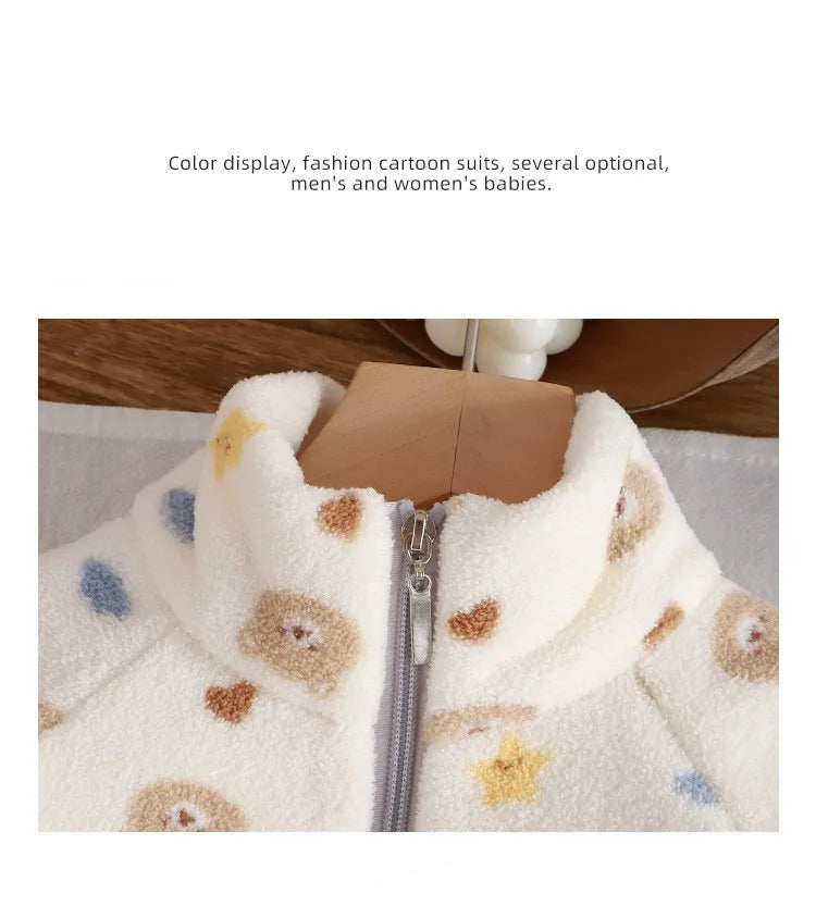 Cozy Fleece Two-Piece Lounge Set for Babies & Toddlers – Plush Cartoon Top + Matching Pants