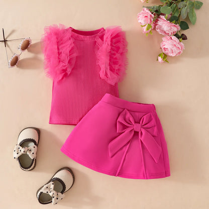Floral Appliqué Ribbed Top & Pleated Shorts Set for Girls