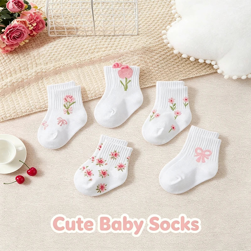 5-Pack Pink Floral & Bow Baby Girl Crew Socks