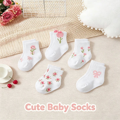 5-Pack Pink Floral & Bow Baby Girl Crew Socks