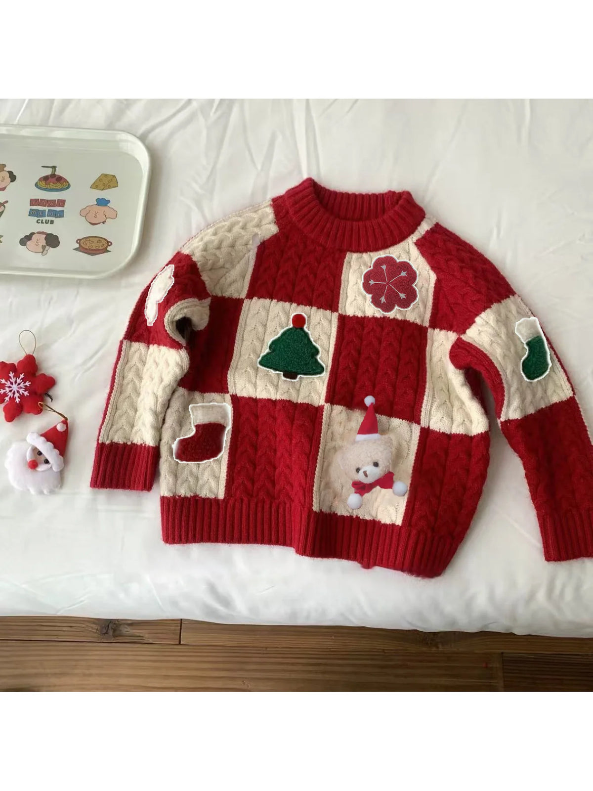 Red & Cream Christmas Patchwork Cable Knit Sweater for Kids