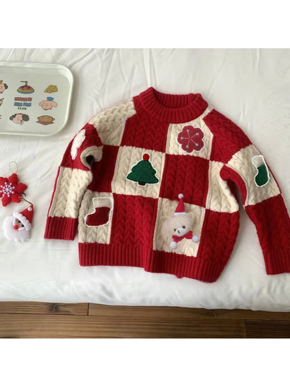 Red & Cream Christmas Patchwork Cable Knit Sweater for Kids