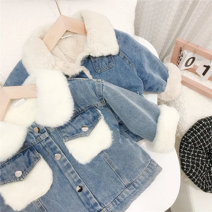 Girls Fleece-Lined Denim Jacket with Faux Fur Collar – Warm Winter Coat (1–6 Years)