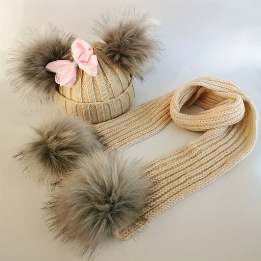 Double Pom Knit Beanie & Scarf Set with Bow