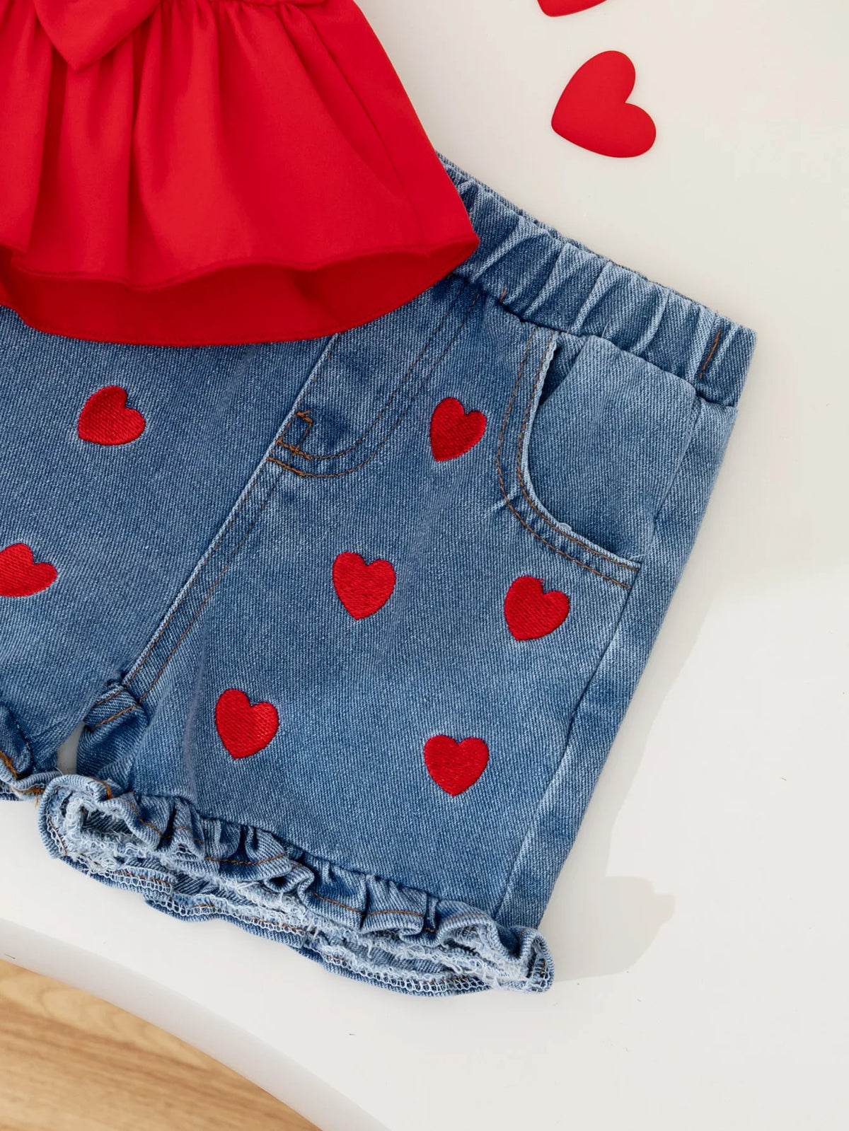 Bow-Shoulder Peplum Top & Heart Denim Shorts Set