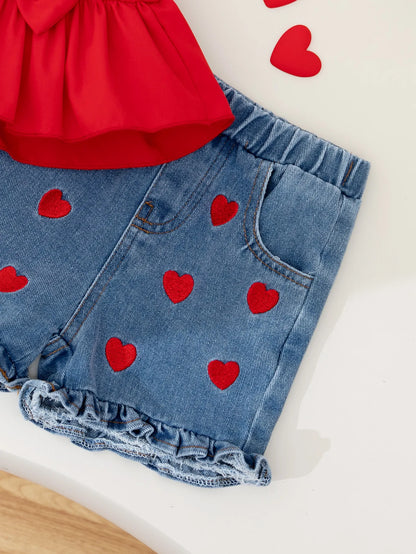 Bow-Shoulder Peplum Top & Heart Denim Shorts Set