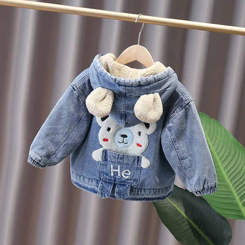 Plush Bear-Ear Fleece-Lined Denim Jacket for Babies & Toddlers