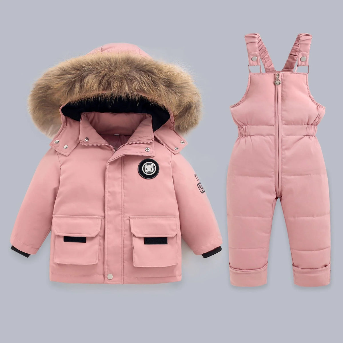 Faux Fur Hooded Down Jacket & Snow Bib Overalls Set for Kids