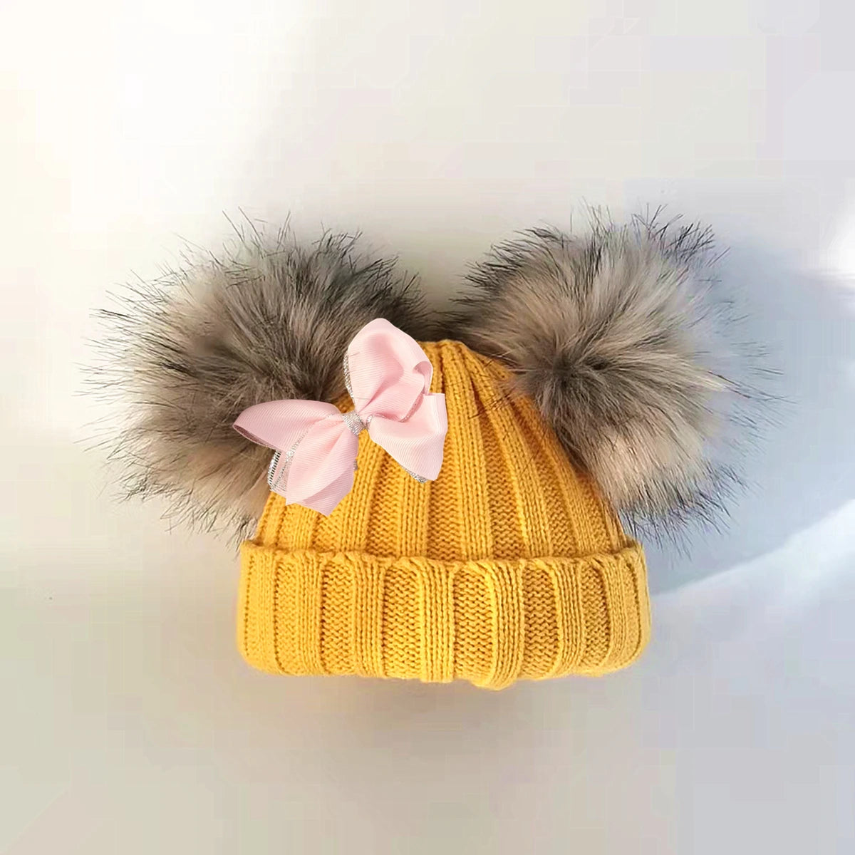 Double Pom Knit Beanie & Scarf Set with Bow