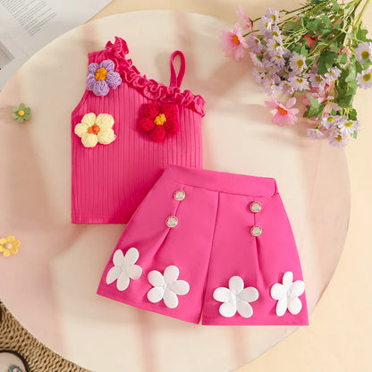 Floral Appliqué Ribbed Top & Pleated Shorts Set for Girls
