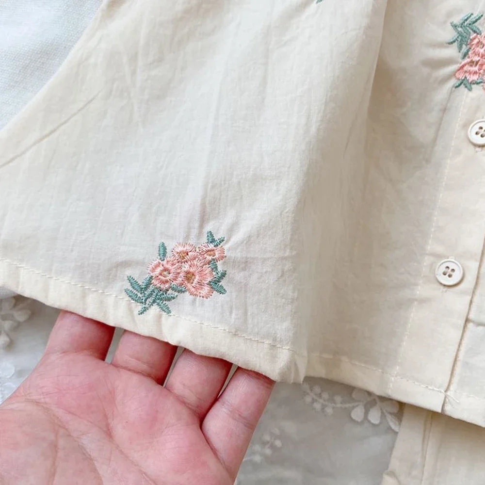 Embroidered Floral Flutter-Sleeve Top & Ruffle Shorts Set for Girls