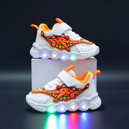 Kids Dinosaur LED Light-Up Sneakers with Hook-and-Loop Strap