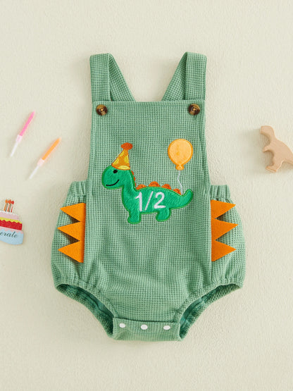 Dino Half-Birthday Waffle-Knit Overall Romper for Baby Boys