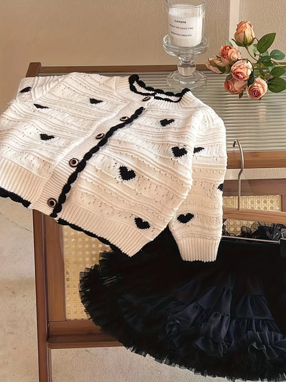 Black Heart Textured Knit Cardigan for Girls