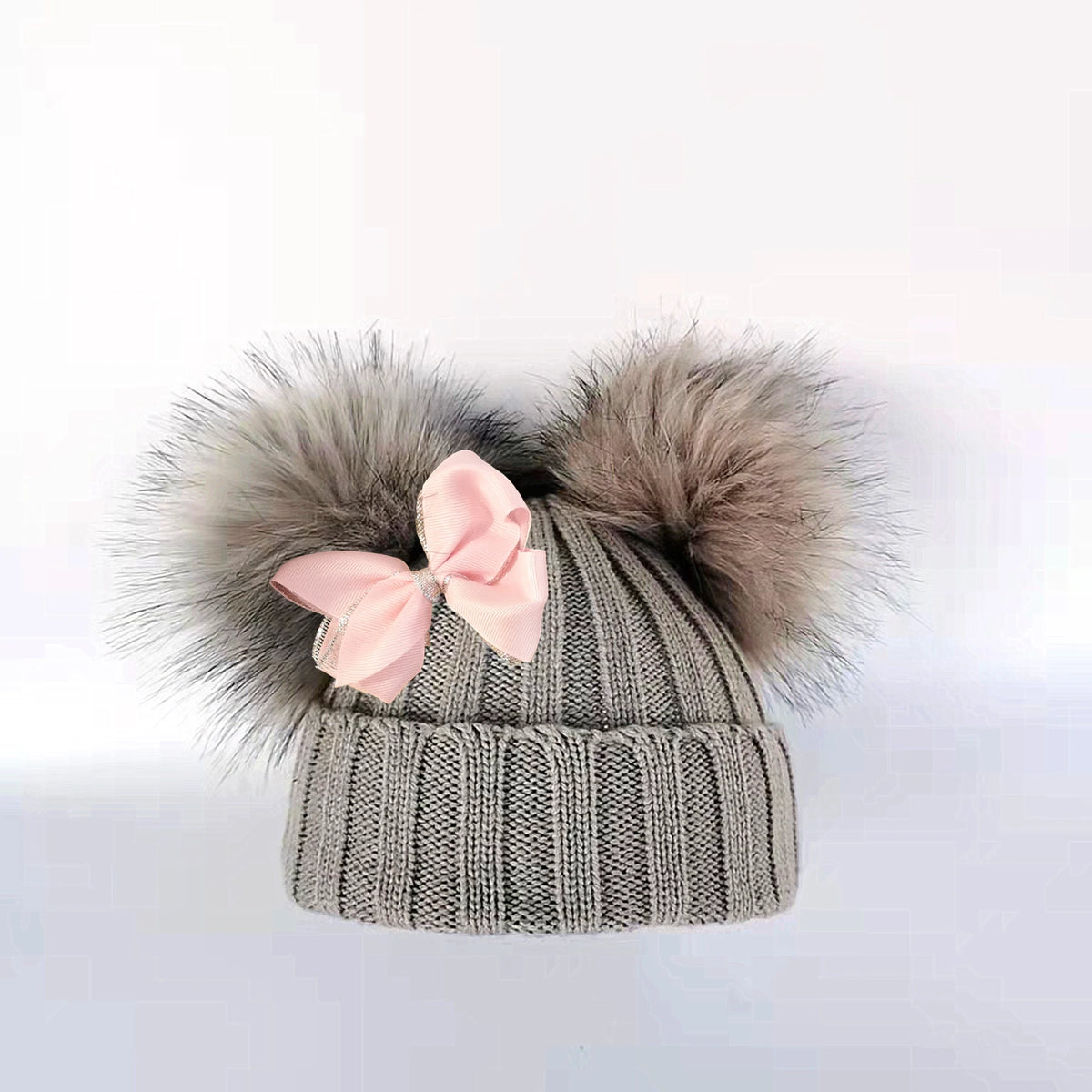 Double Pom Knit Beanie & Scarf Set with Bow