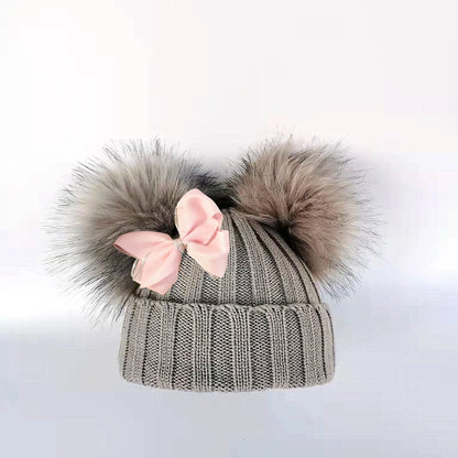 Double Pom Knit Beanie & Scarf Set with Bow